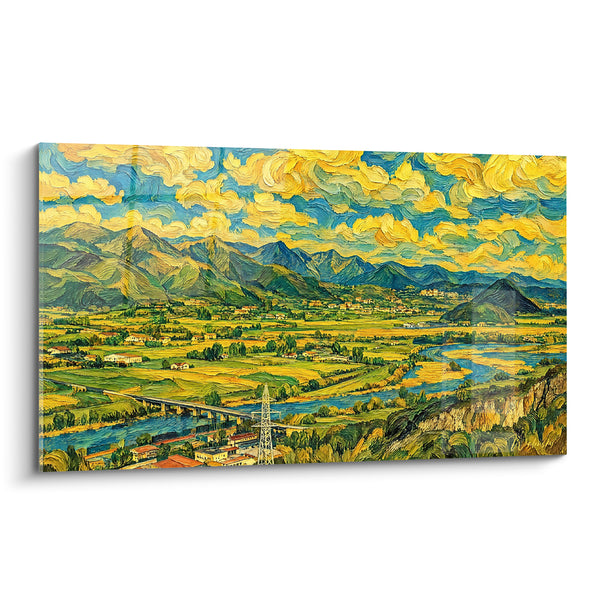 Tableau Vallée fleuve doré et vert tourbillonnant - Panorama en mouvement - Edition Volturno Italie