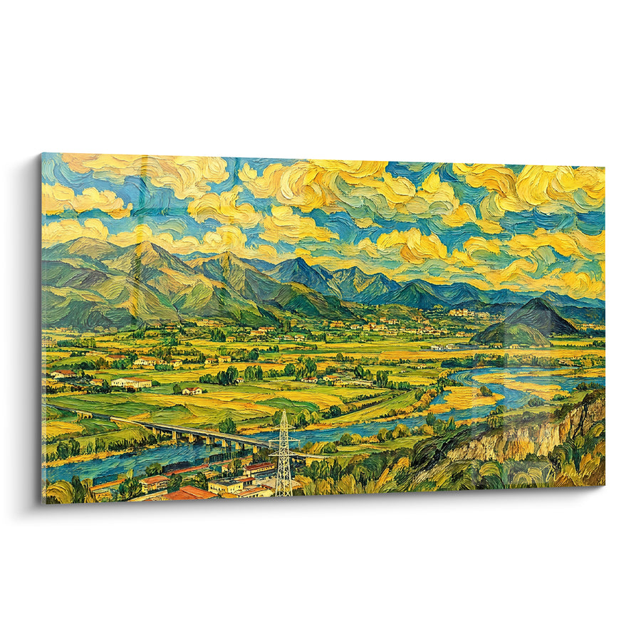 Tableau Vallée fleuve doré et vert tourbillonnant - Panorama en mouvement - Edition Volturno Italie