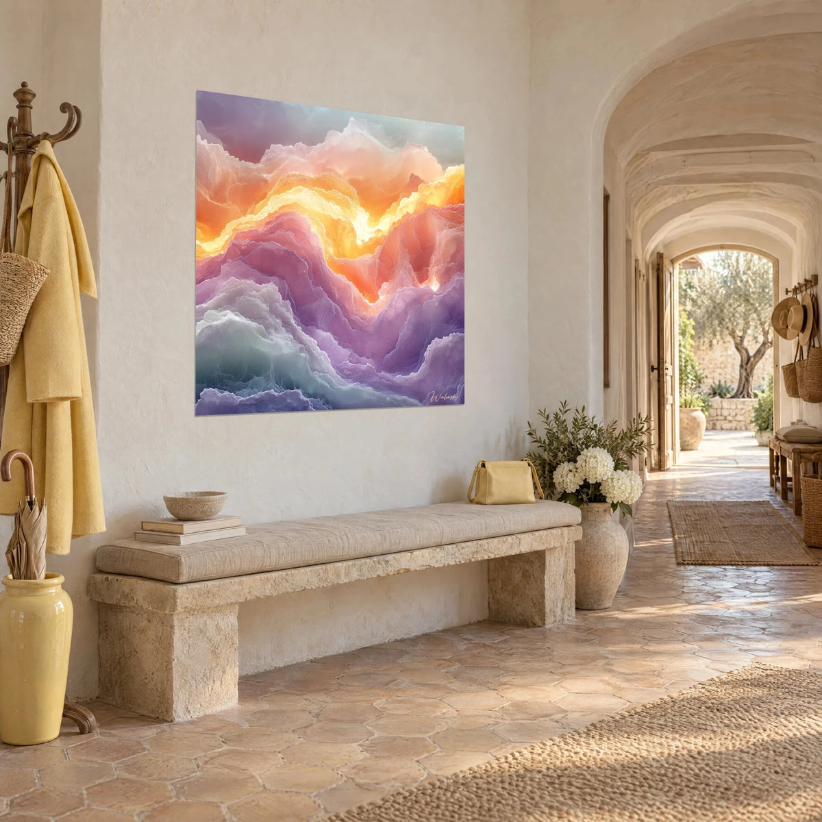 Wall art of abstract landscape of lilac and orange crystal waves, three-quarter framing in the vaulted hallway of the farmhouse