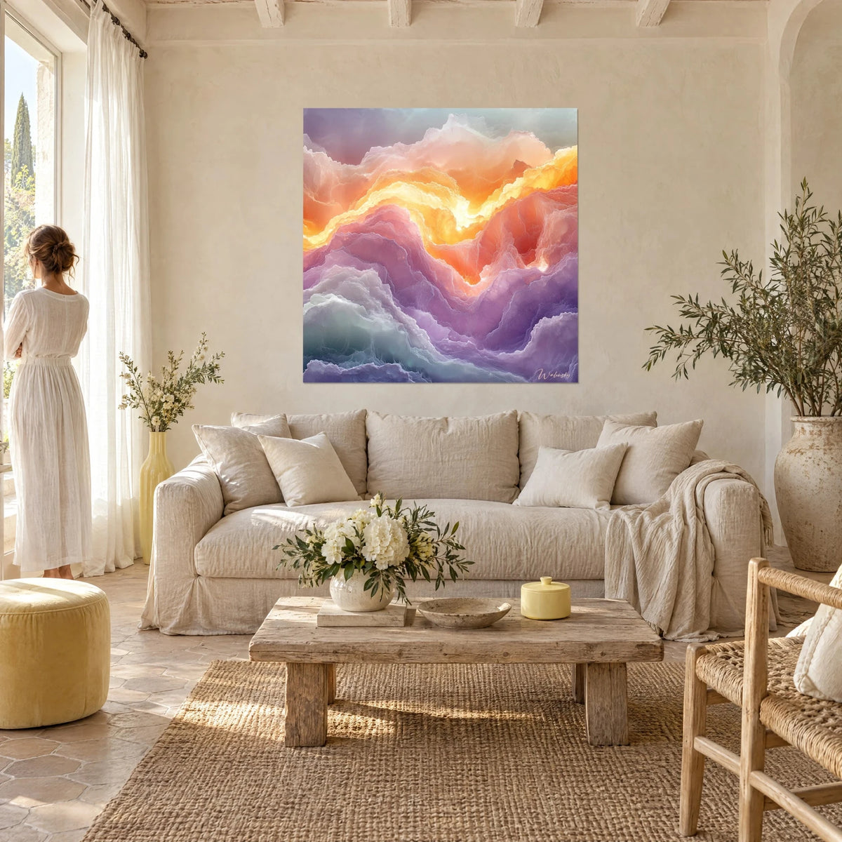 Wall art of mineral clouds in purple and amber, luminous golden vein, woman seen from behind above a sofa in a bright living room