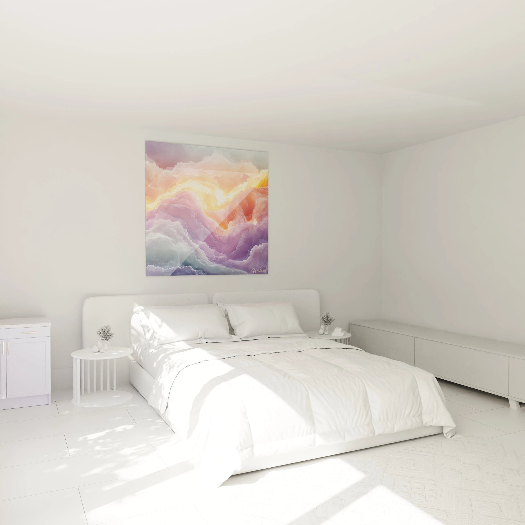 Tableau abstrait expressionniste de Walensky dans une chambre moderne aux couleurs pastel