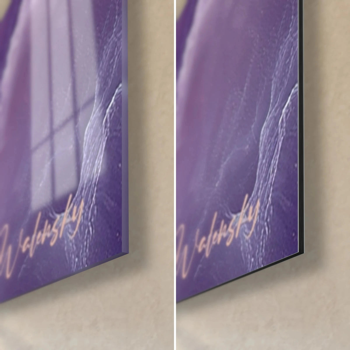 Wall art of purple and pink swirls, glossy glass corner at bottom right on the left, matte Dibond aluminium on the right, 3 mm edge