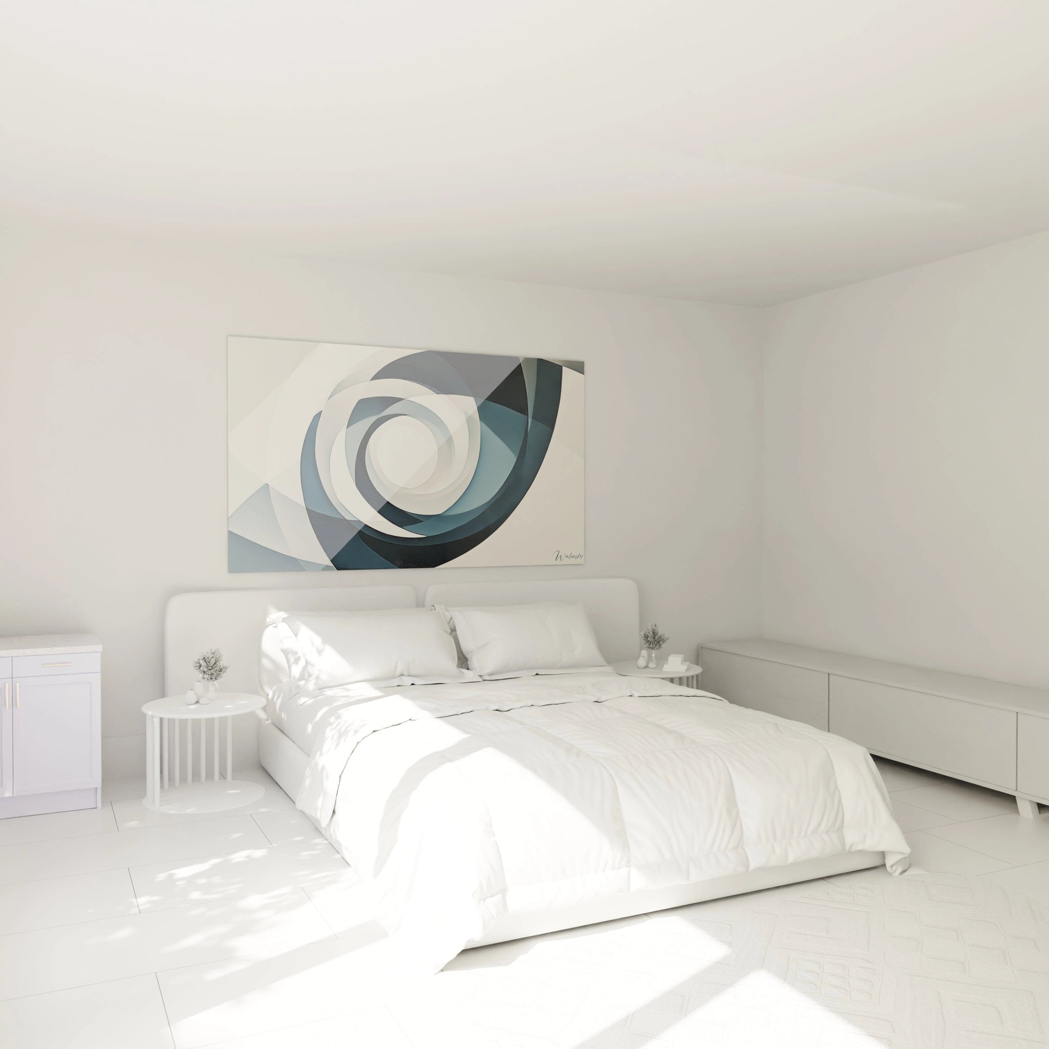 Un tableau abstrait spirale contemporain présentant une composition circulaire en nuances de bleu marine, bleu ciel et blanc, avec des formes géométriques imbriquées créant un mouvement rotatif et une sensation de profondeur infinie.
