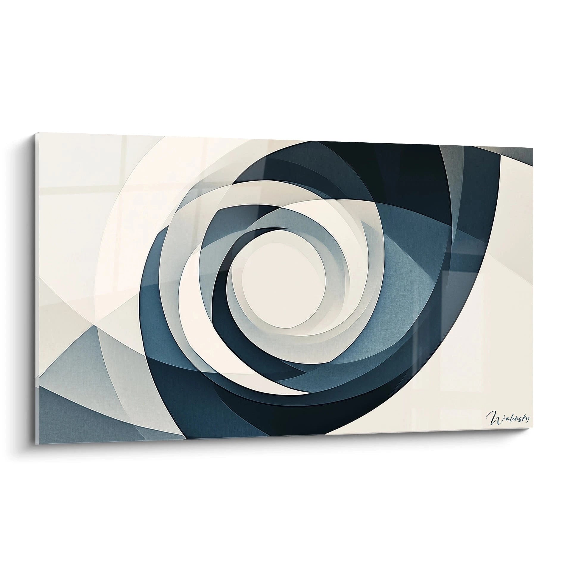 Un tableau abstrait spirale composé de formes géométriques concentriques en dégradés de bleu, blanc et marine, créant un effet de profondeur et de mouvement continu avec des transitions douces entre les segments translucides.
