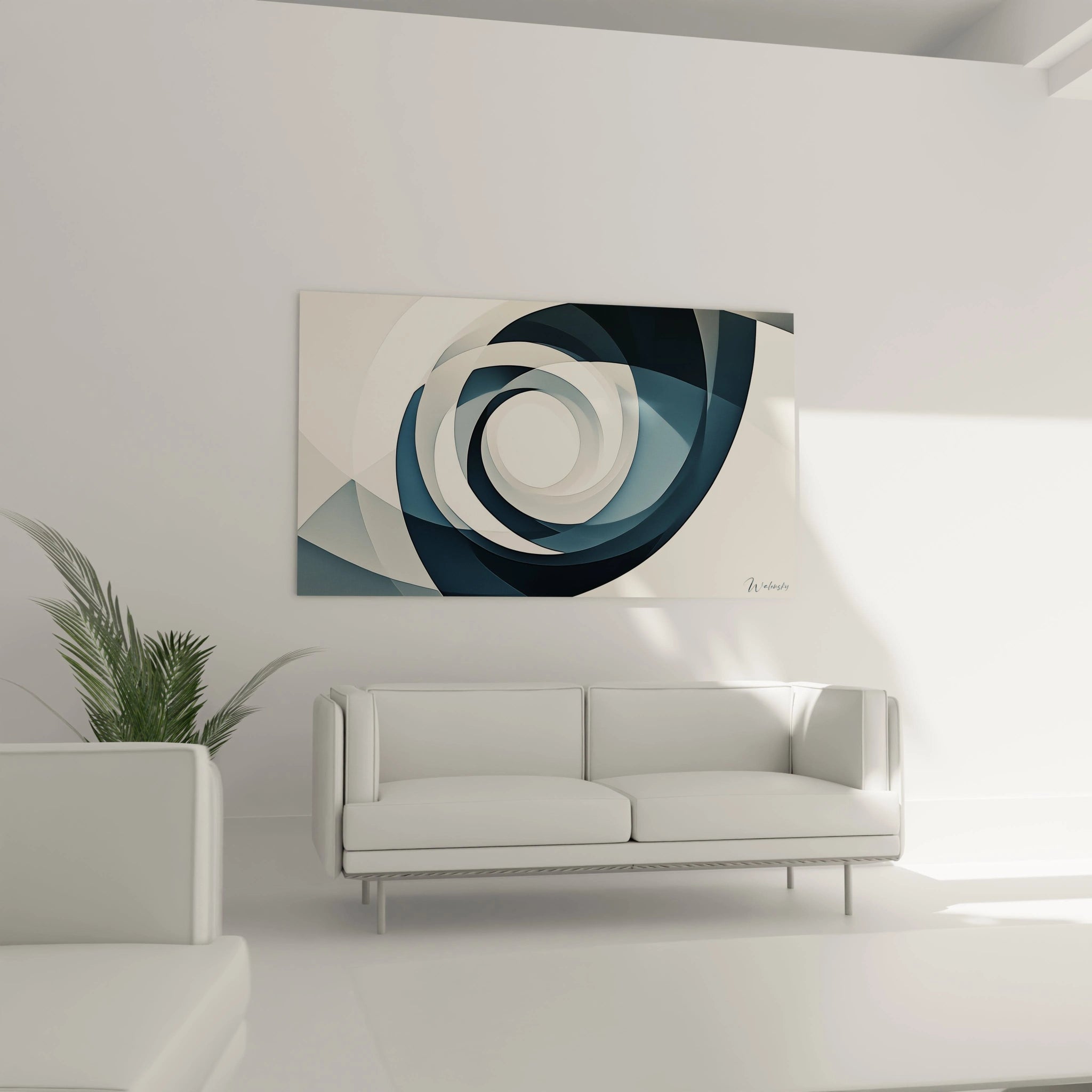 Un tableau abstrait spirale géométrique aux lignes précises formant un vortex bleu et blanc, composé de segments angulaires qui s'enroulent vers un centre lumineux, créant un contraste saisissant entre les zones claires et foncées.
