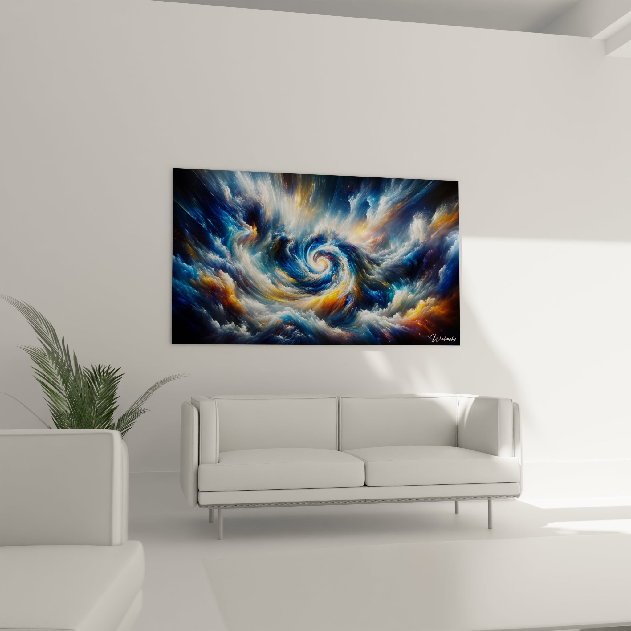 Tableau abstrait montrant un maelström céleste aux teintes vibrantes. Spectre chromatique alliant bleu marine, turquoise, blanc ivoire et orange ambré. Effet visuel de turbulence avec nuées tourbillonnantes et centre spiralé lumineux. Composition fluide avec mouvements circulaires et rayonnants créant une impression d'énergie cosmique en perpétuelle transformation.
