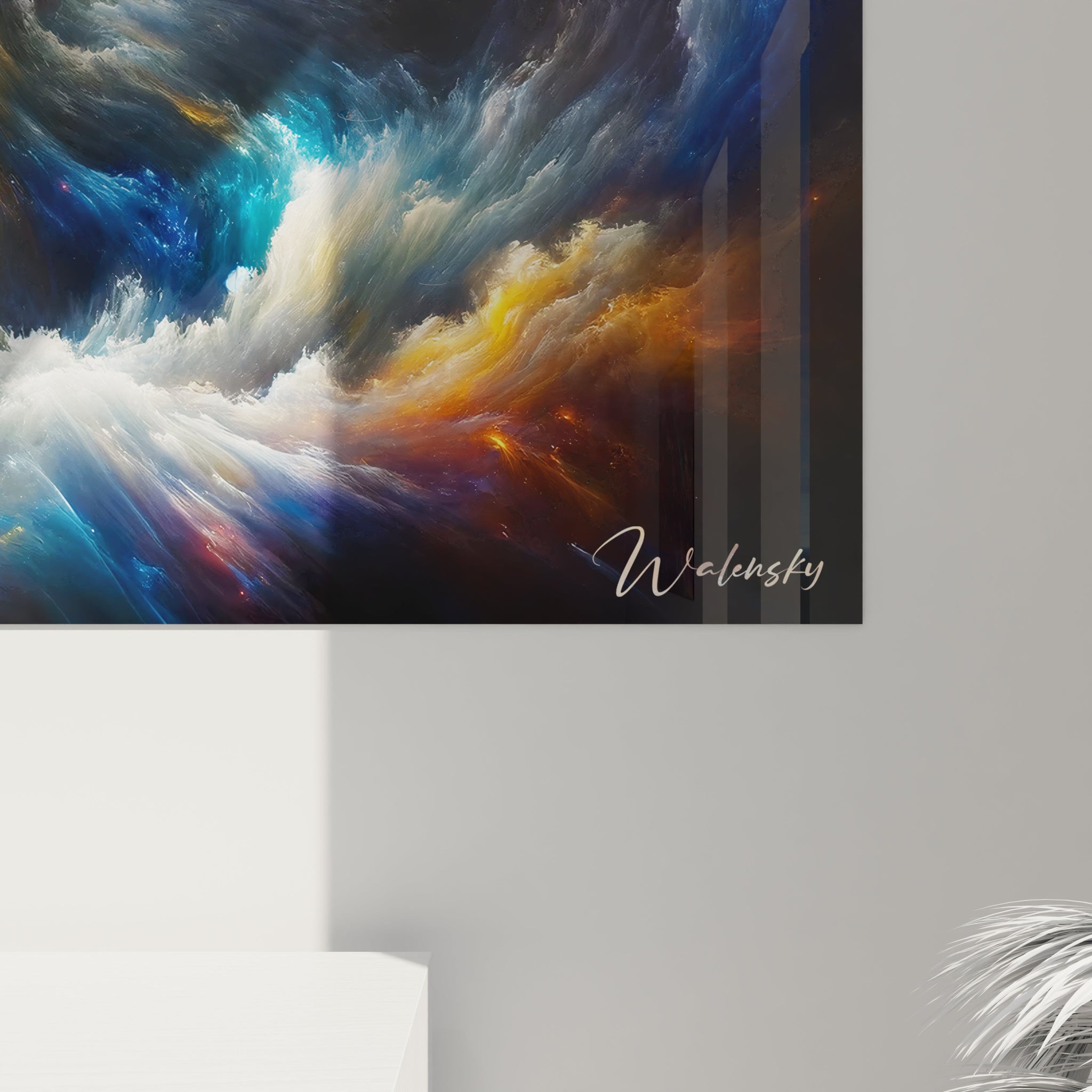 Tableau abstrait présentant un univers gazeux en rotation. Gamme colorée de bleu outremer, cyan, blanc éclatant et jaune soleil avec touches orangées. Texture nuageuse avec masses vaporeuses denses et filaments éthérés. Motif spiral avec noyau brillant et courants tourbillonnants périphériques créant une vision stylisée d'une galaxie ou nébuleuse en mouvement perpétuel.
