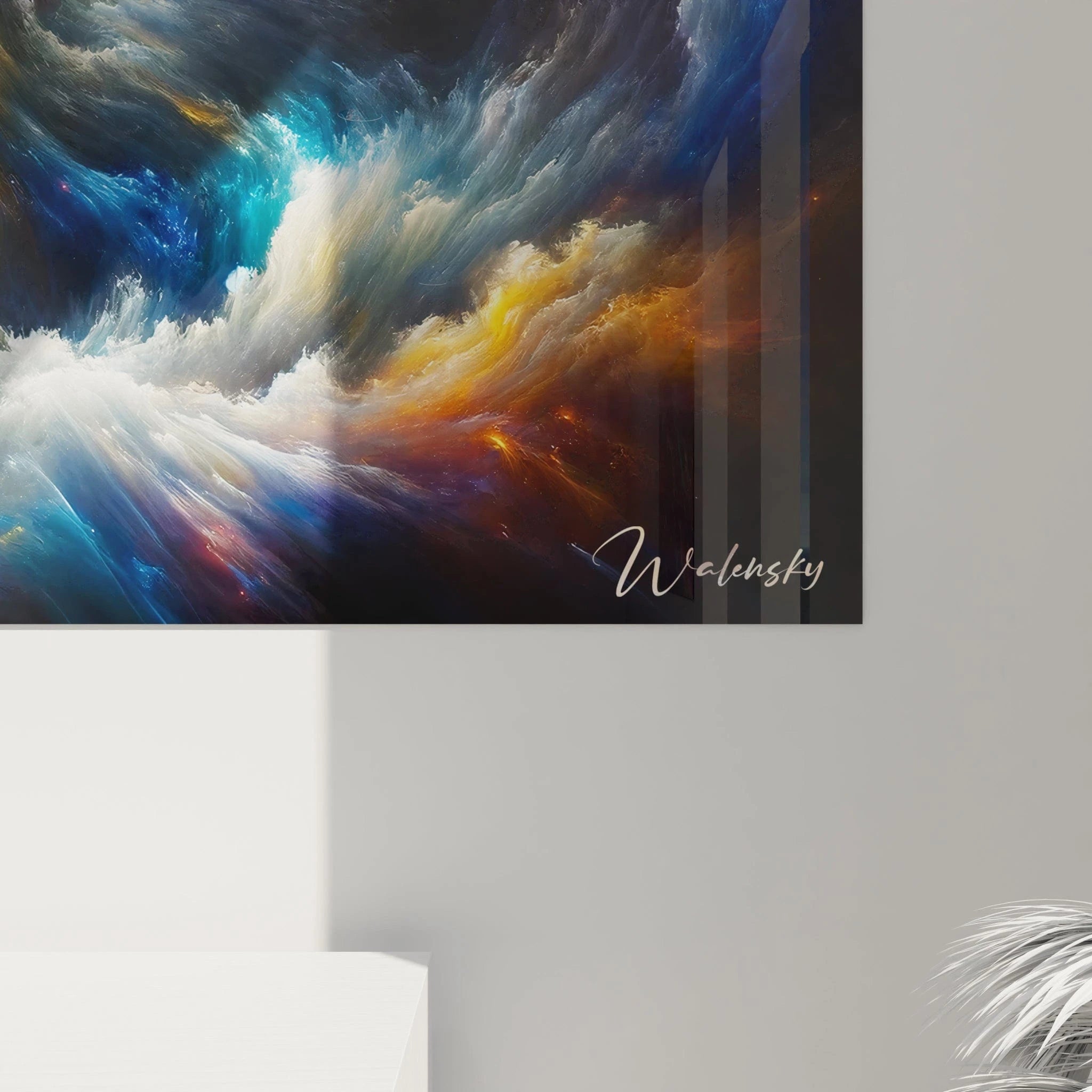 Tableau abstrait présentant un univers gazeux en rotation. Gamme colorée de bleu outremer, cyan, blanc éclatant et jaune soleil avec touches orangées. Texture nuageuse avec masses vaporeuses denses et filaments éthérés. Motif spiral avec noyau brillant et courants tourbillonnants périphériques créant une vision stylisée d'une galaxie ou nébuleuse en mouvement perpétuel.
