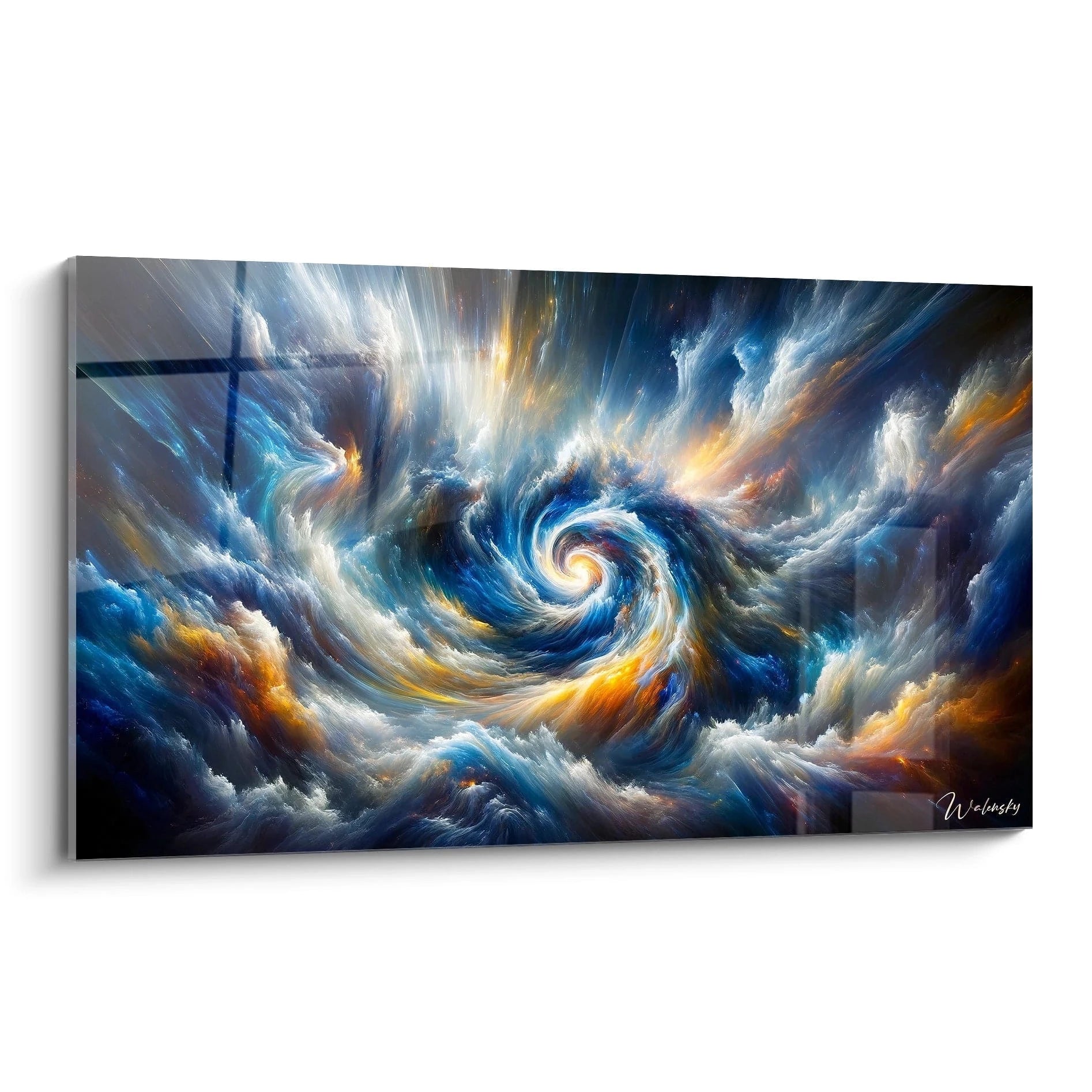 Tableau abstrait représentant une spirale cosmique dans un tourbillon de nuages colorés. Palette riche de bleu profond, blanc nacré, jaune doré et touches orangées. Texture vaporeuse évoquant des masses gazeuses en mouvement avec effet de profondeur. Composition centrée sur une formation spiralée lumineuse entourée de volutes nuageuses créant un effet de rotation céleste.

