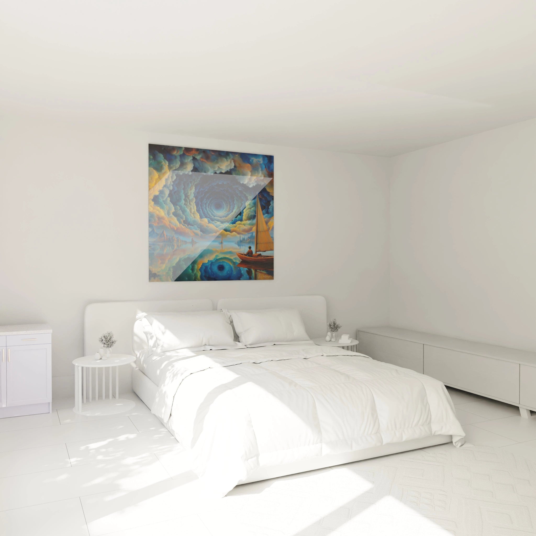 Tableau mural Walensky tableau surréaliste voyage impossible au dessus d un lit blanc minimaliste voilier et ciel en spirale