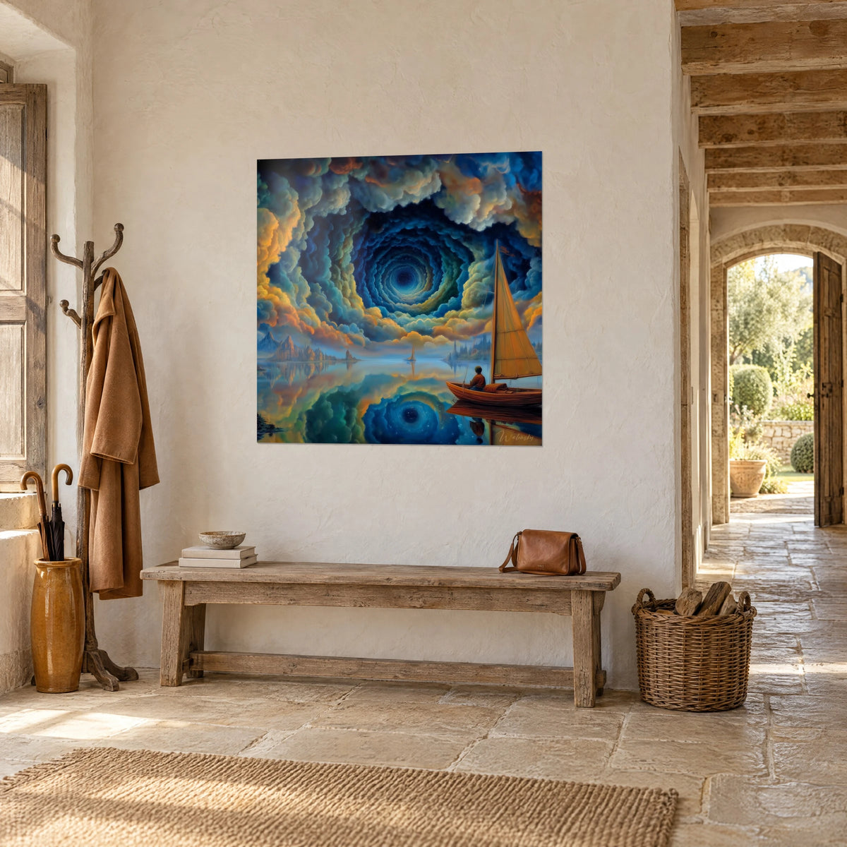 Cuadro espiral celeste turquesa y oro sobre una barca de remos en un lago de espejo, entrada de casa de piedra vista de tres cuartos