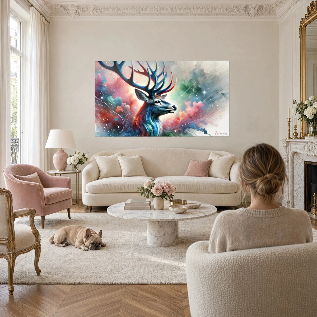 Schilderij hert met middernachtblauw gewei in een roze en turquoise wolk, vrouw van achteren en bulldog, boven een bank in een lichte woonkamer