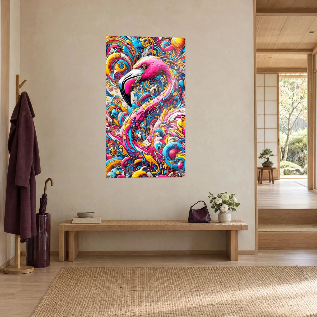 Tableau oiseau fuchsia au plumage tourbillonnant, spirales cyan et dorées sur mur crème, vue de trois-quarts dans un salon japandi