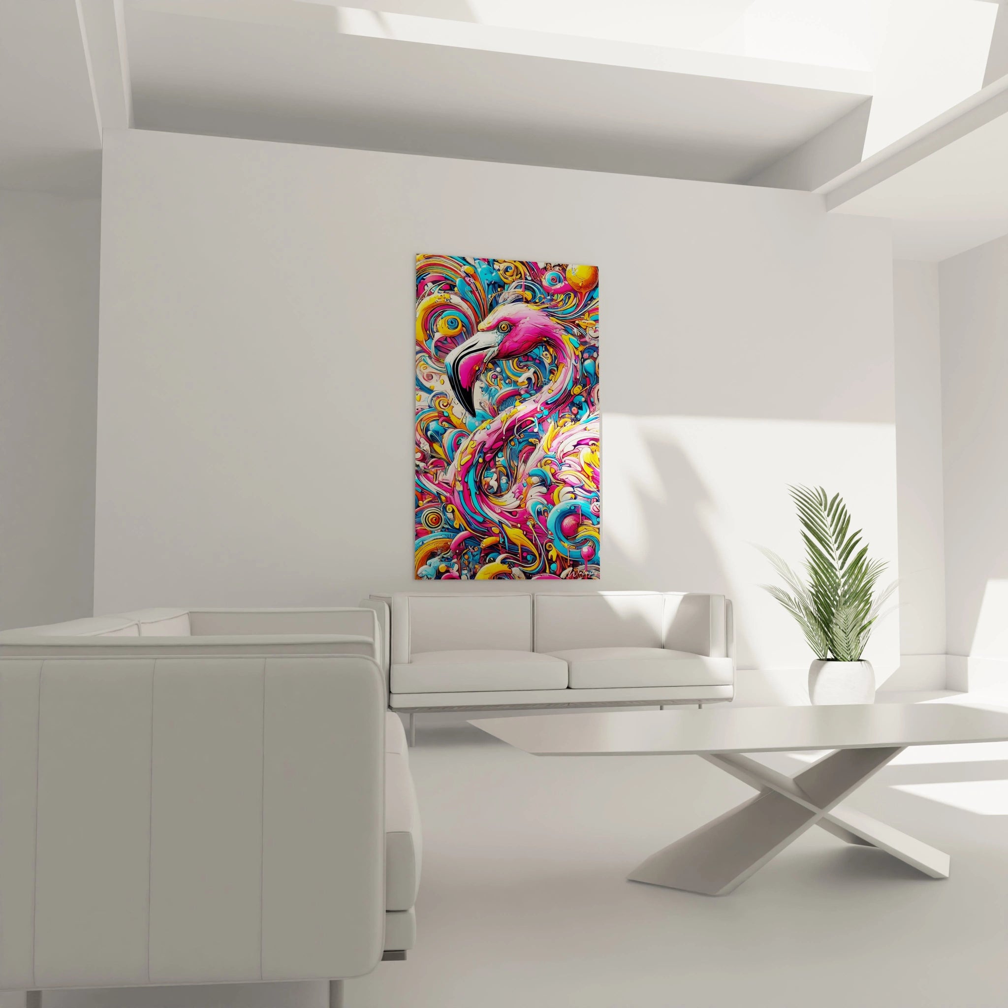 Ce tableau flamant rose illumine le salon avec ses couleurs intenses. Une touche d'art abstrait qui attire l'œil et crée une ambiance chaleureuse. 🎨 Décoration Salon