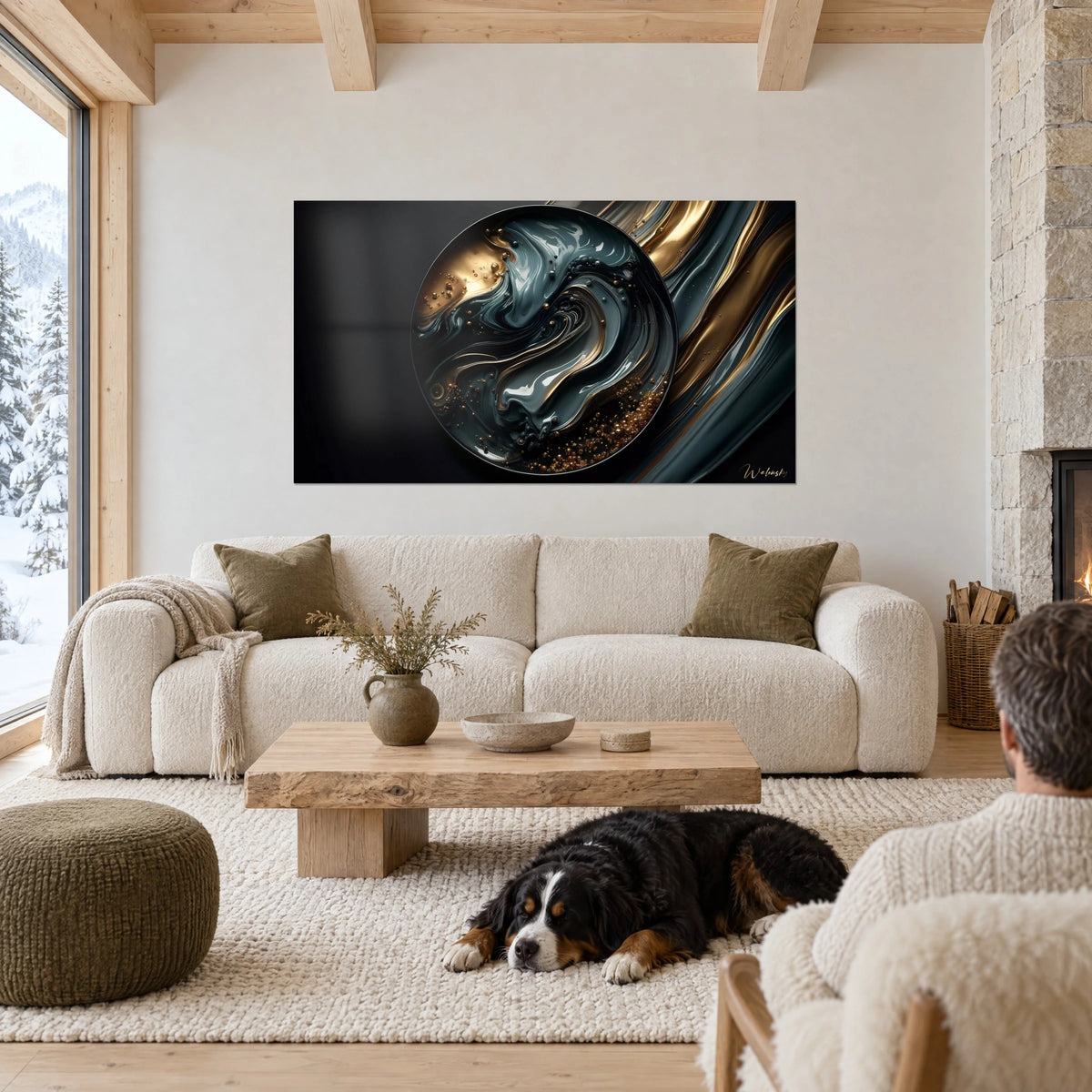 Wall art liquid swirl in verdigris with gold veins, glossy disc on black background, above a sofa in a bright living room