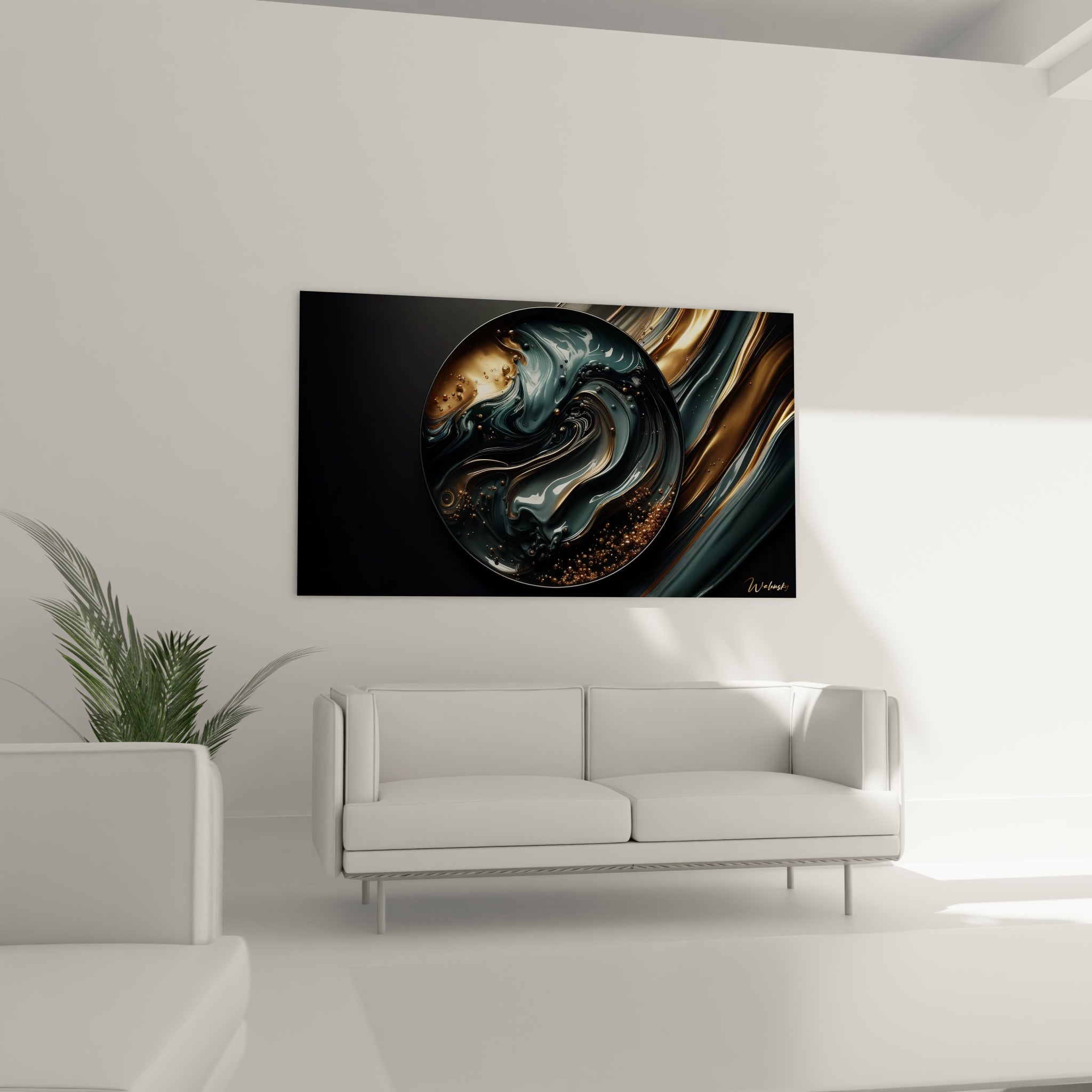 Un tableau abstrait centré sur une forme circulaire, où des volutes dorées et bleu foncé s'entrelacent, rehaussées de reflets lustrés et de bulles sphériques en relief.

