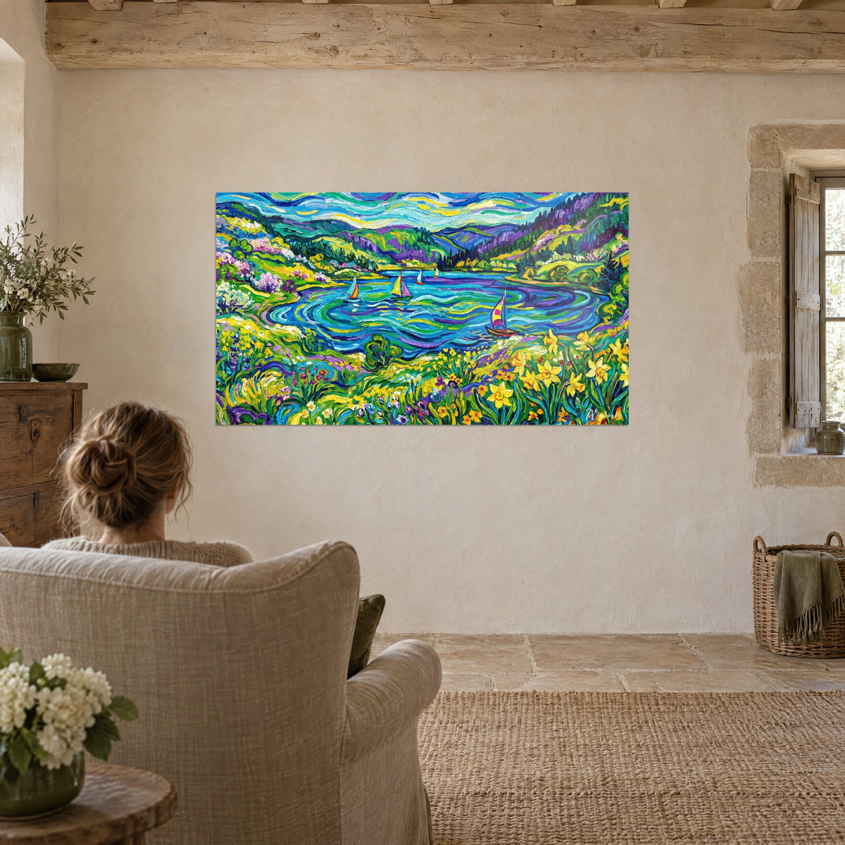 Cuadro narcisos en flor frente a un lago azur, veleros de velas rosas y amarillas, relieves violetas, en un salón de piedra
