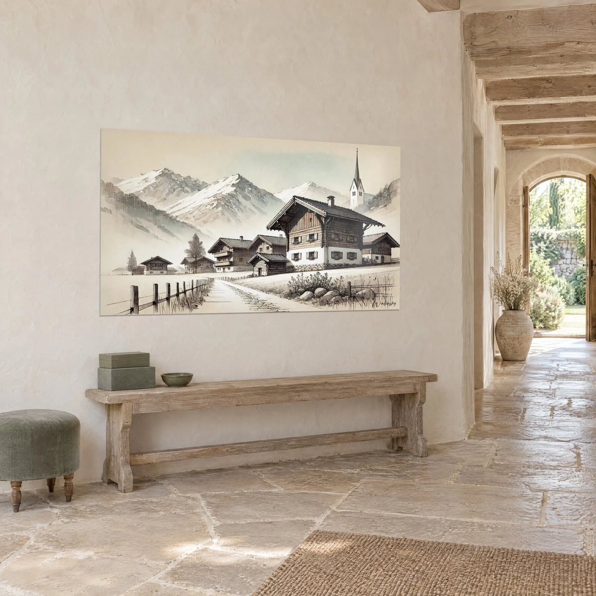 Tableau ferme de montagne aux volets sombres et murs crème, sommets enneigés au fusain, sur un mur de pierre dans une entrée voûtée