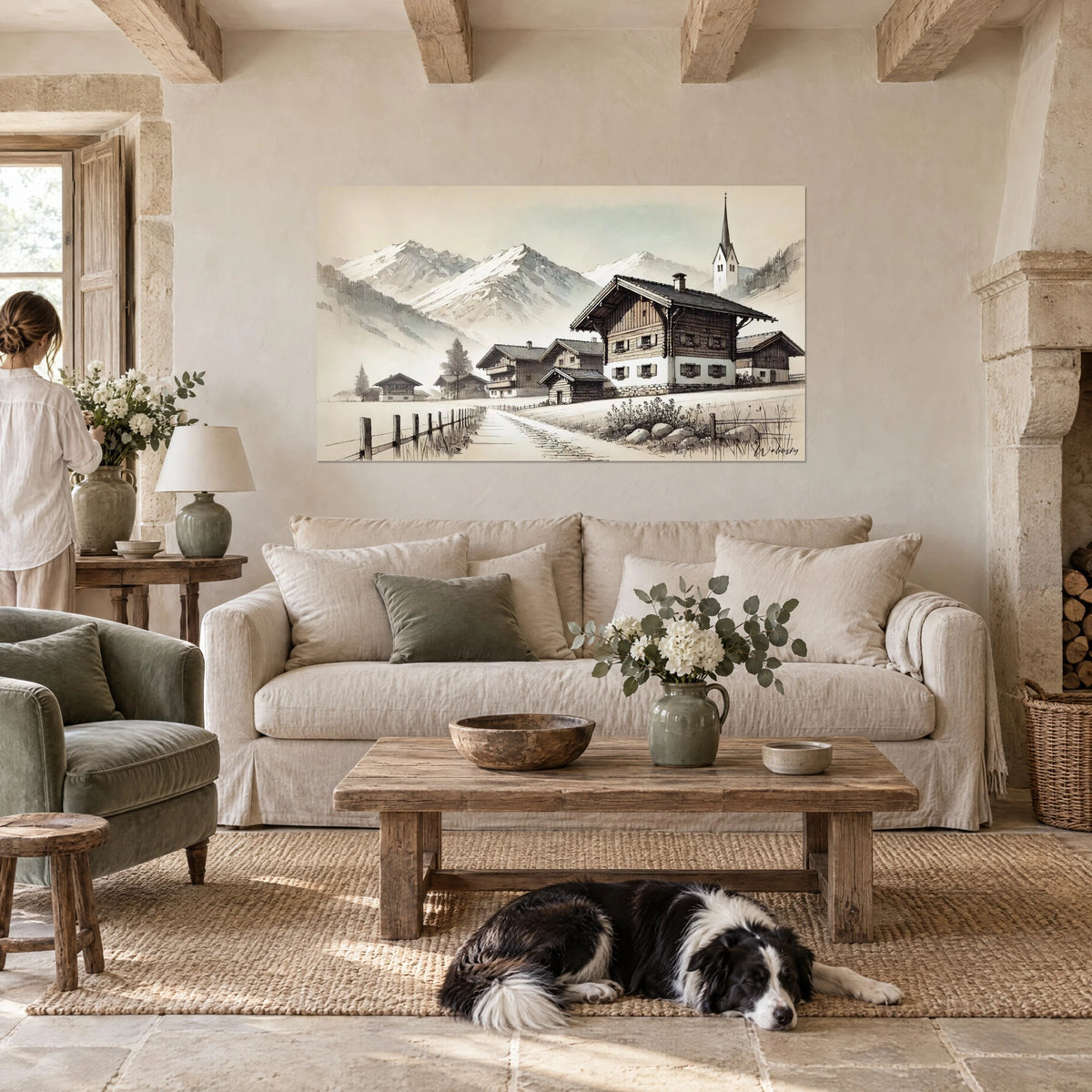 Tableau chalet vosgien en bois brun sous un clocher blanc, croquis sépia et gris, collie couché, au-dessus d'un canapé dans un salon lumineux
