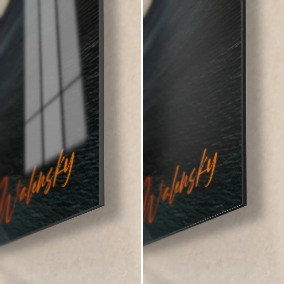 Wall art shimmering vaults in vermilion and turquoise, bottom right corner: glossy acrylic glass on the left, matte Dibond aluminum on the right, 3 mm edge