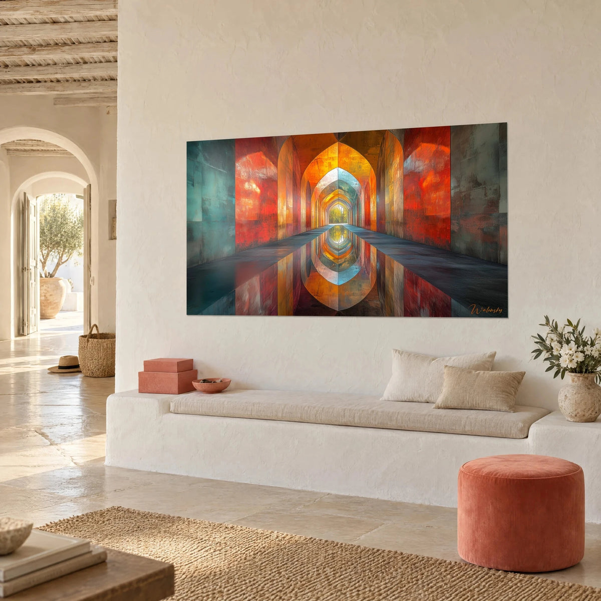 Wall art gallery of pointed vaults in orange-red and turquoise, mirror reflection on the floor, above a white banquette in a Mediterranean living room