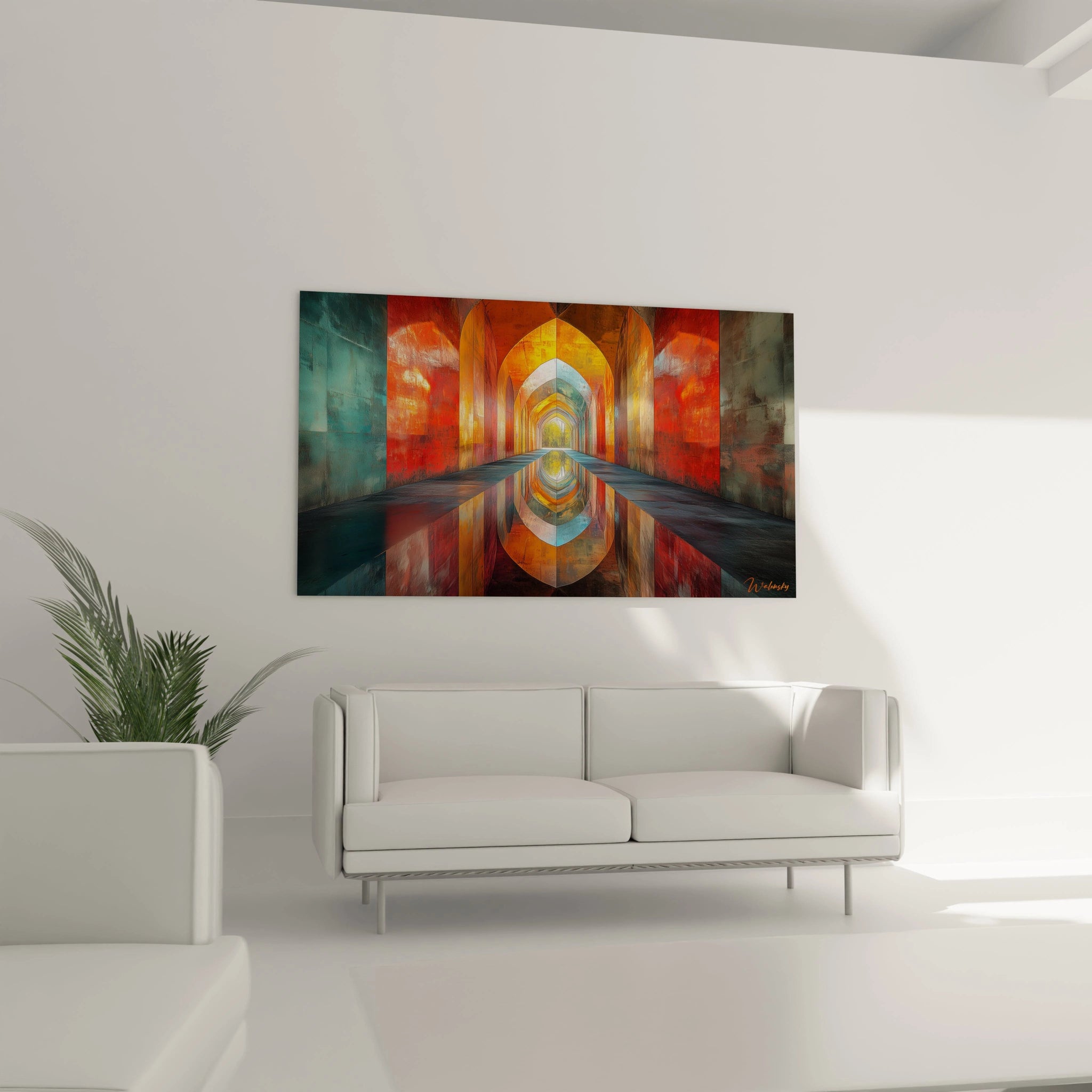 Tableau géométrique abstrait de Walensky avec des formes colorées et des reflets sur un mur moderne