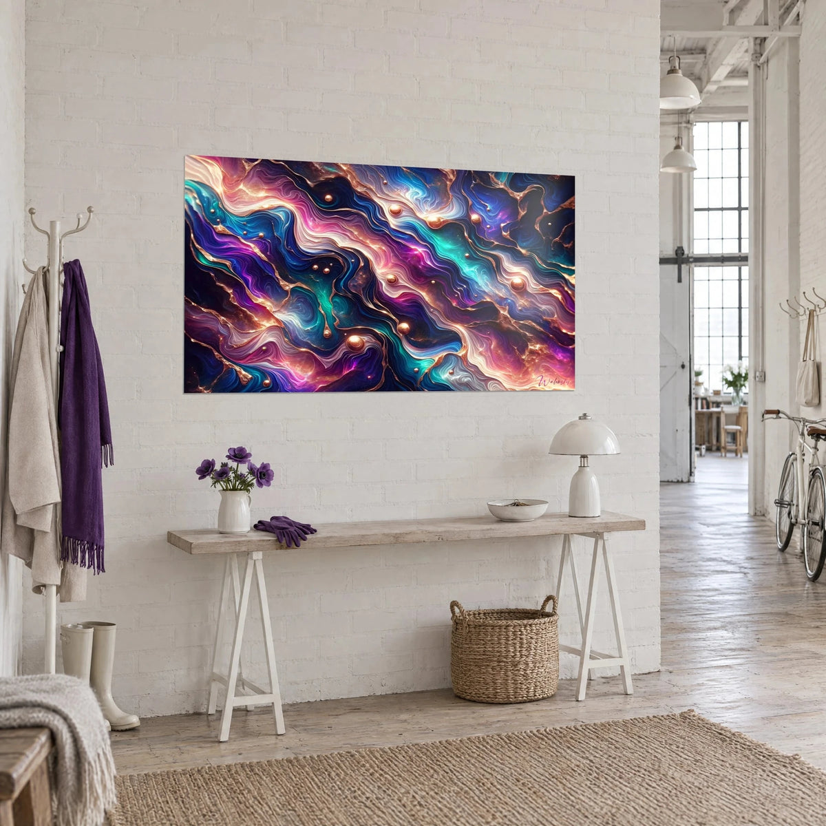 Tableau marbrure cosmique magenta et bleu nuit, billes cuivrées sur coulures, console en bois et mur de briques blanches