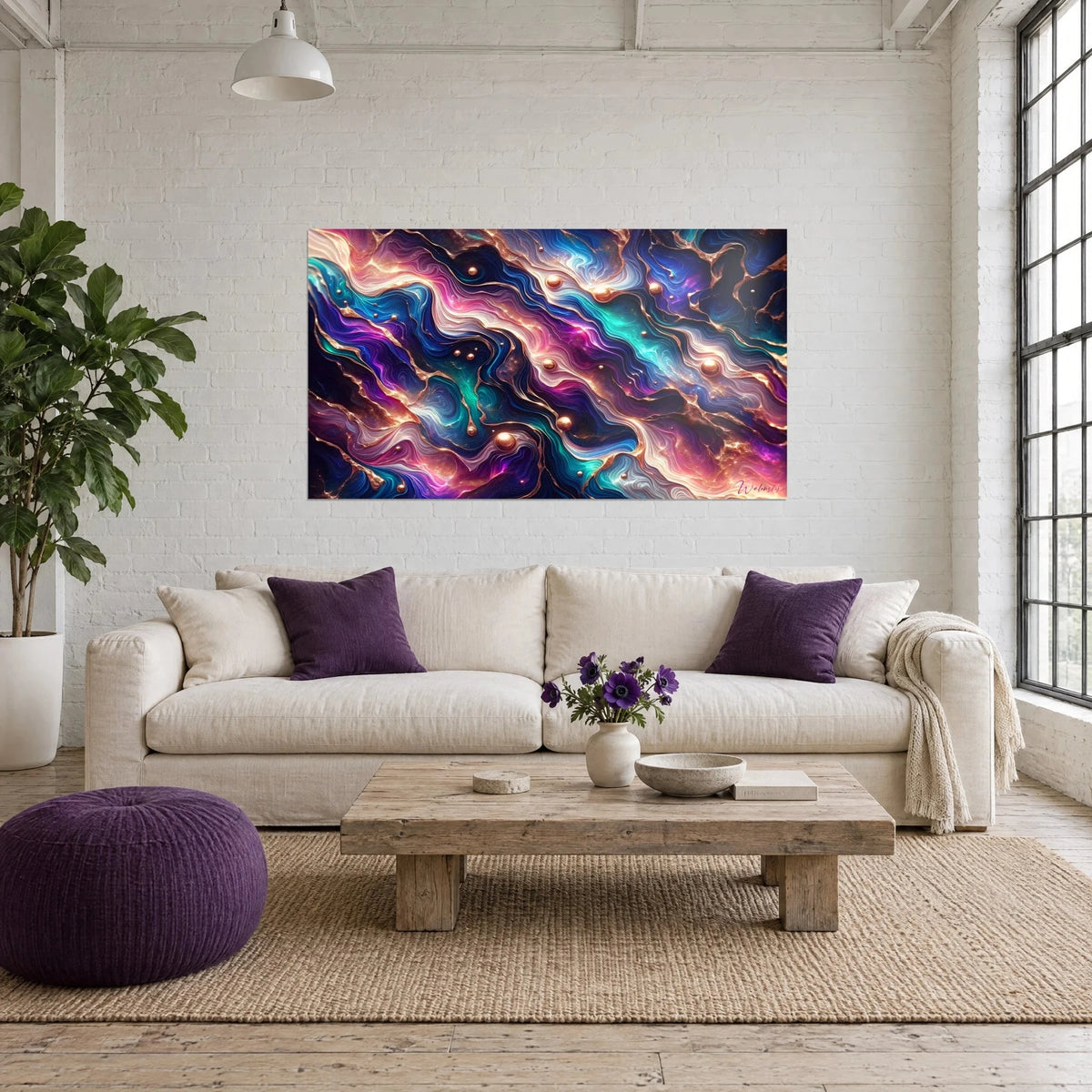 Tableau ondes fluides violet et turquoise cernées d'or cuivré, au-dessus d'un canapé dans un salon lumineux