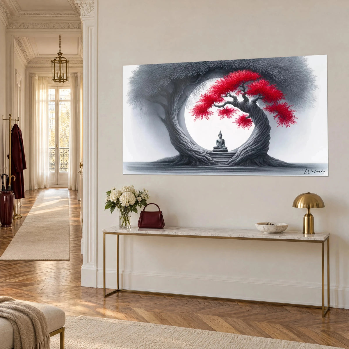 Quadro Acero scarlatto curvato ad arco attorno a una luna bianca, tronco grigio striato, su una parete beige con console dorata