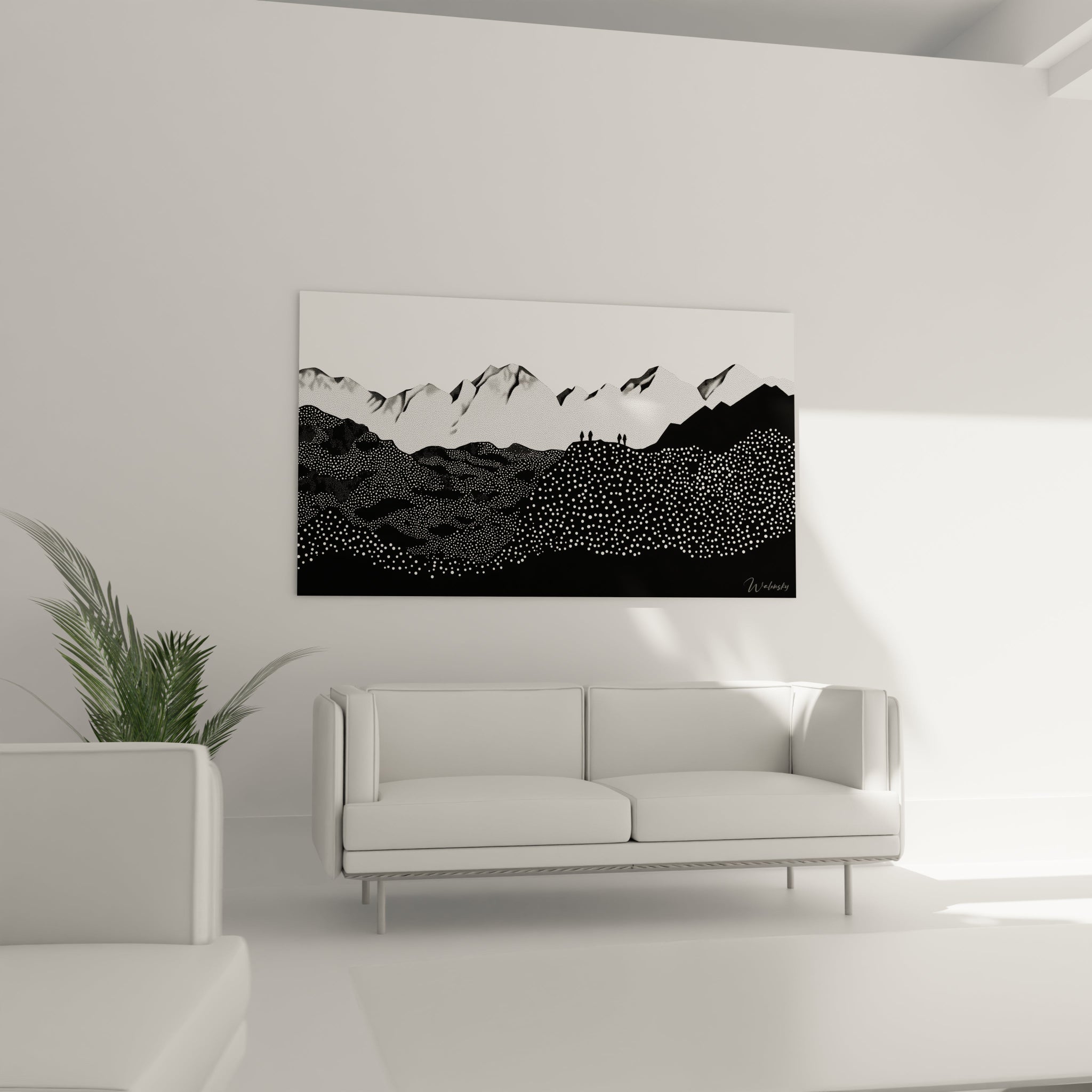 Tableau tacheté noir et blanc de Walensky représentant un paysage contemporain sur un mur blanc