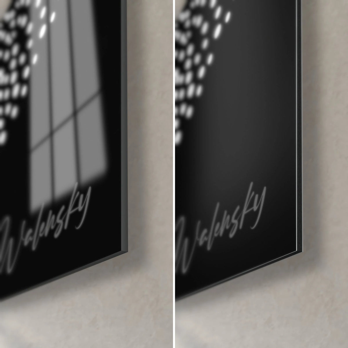 Wall art roped party on the ridge, bottom right corner: glossy acrylic glass on the left, matte Dibond aluminium on the right, 3 mm black edge