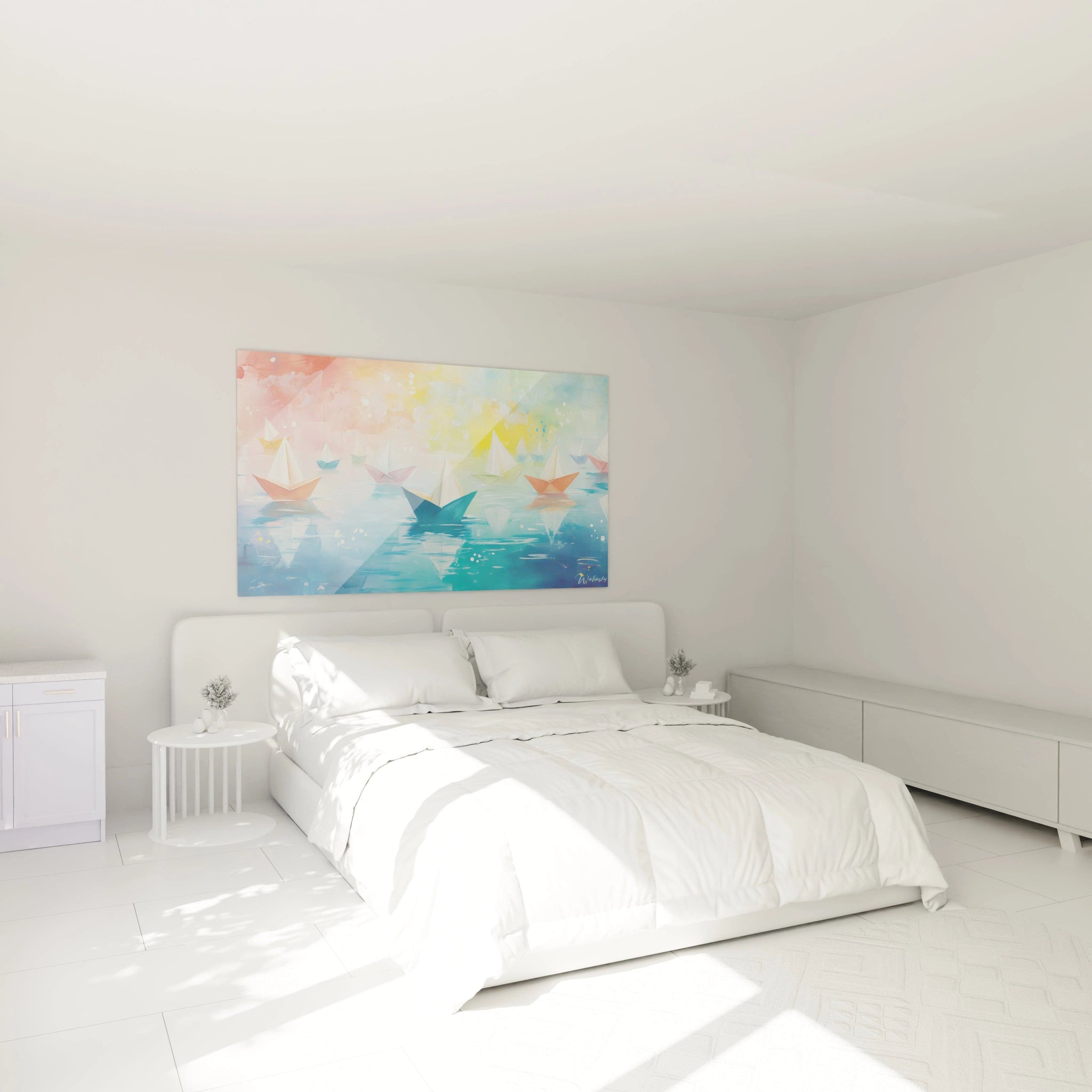 Tableau multicolore abstrait de Walensky représentant des bateaux sur un fond de mer colorée