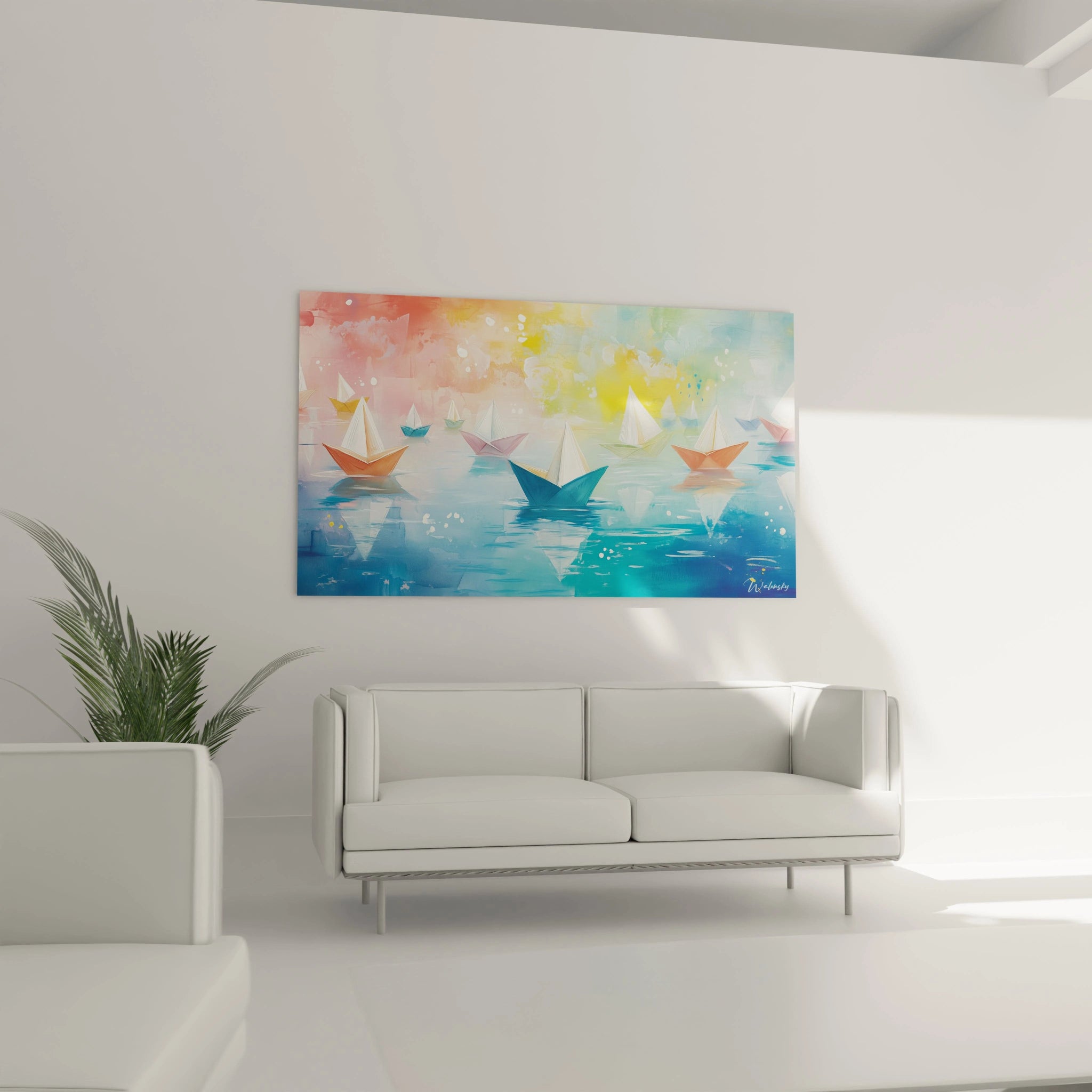 Tableau multicolore abstrait de Walensky représentant des bateaux en papier sur un plan d'eau calme
