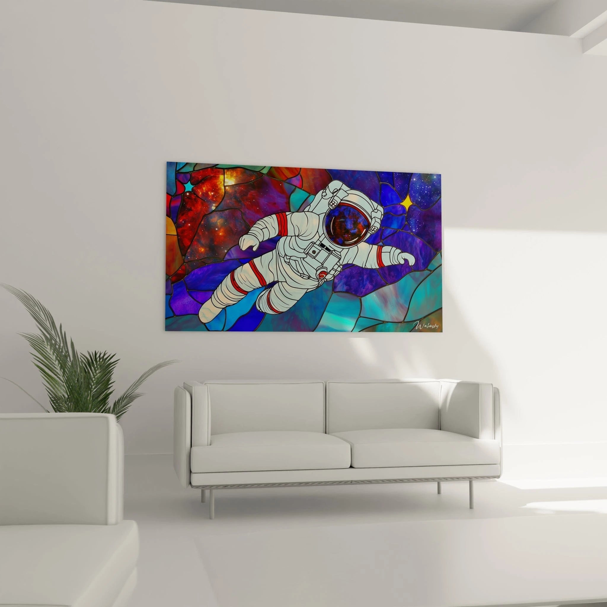 Un tableau vitrail spatial illustrant un astronaute en apesanteur sur fond de cosmos divisé en sections géométriques, où dominent les bleus profonds, violets stellaires et turquoise lumineux, avec des lignes noires délimitant chaque segment comme dans l'art du vitrail traditionnel.
