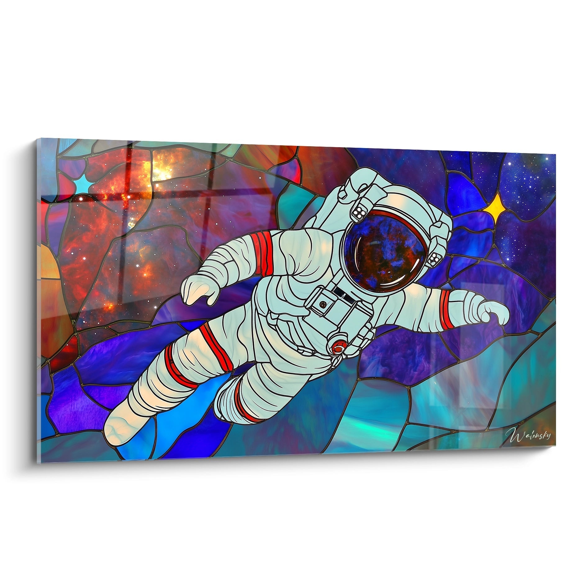 Un tableau astronaute vitraux représentant un cosmonaute en combinaison blanche flottant dans l'espace, avec des segments colorés bleus, violets et turquoise évoquant les techniques du vitrail traditionnel et créant un effet de profondeur stellaire.
