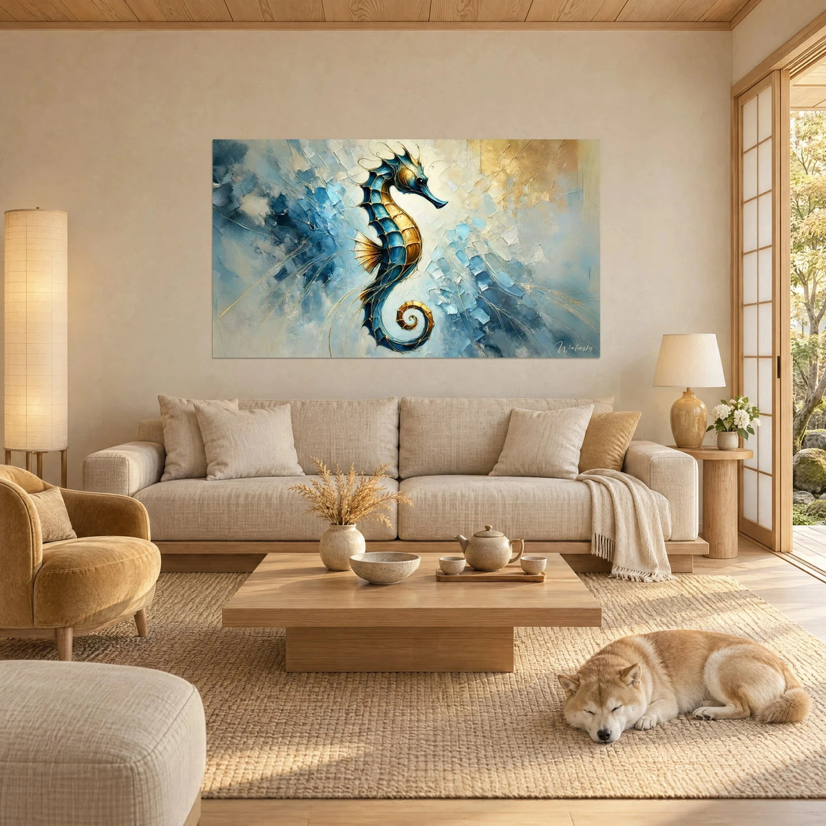 Wall art blue and gold seahorse with golden spiral, ivory palette knife strokes, sleeping Shiba, above a sofa in a bright living room