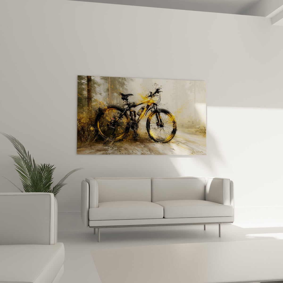 Cycle jaune moutarde aux éclats dorés sur fond de pins gris, au-dessus d'un canapé dans un salon lumineux