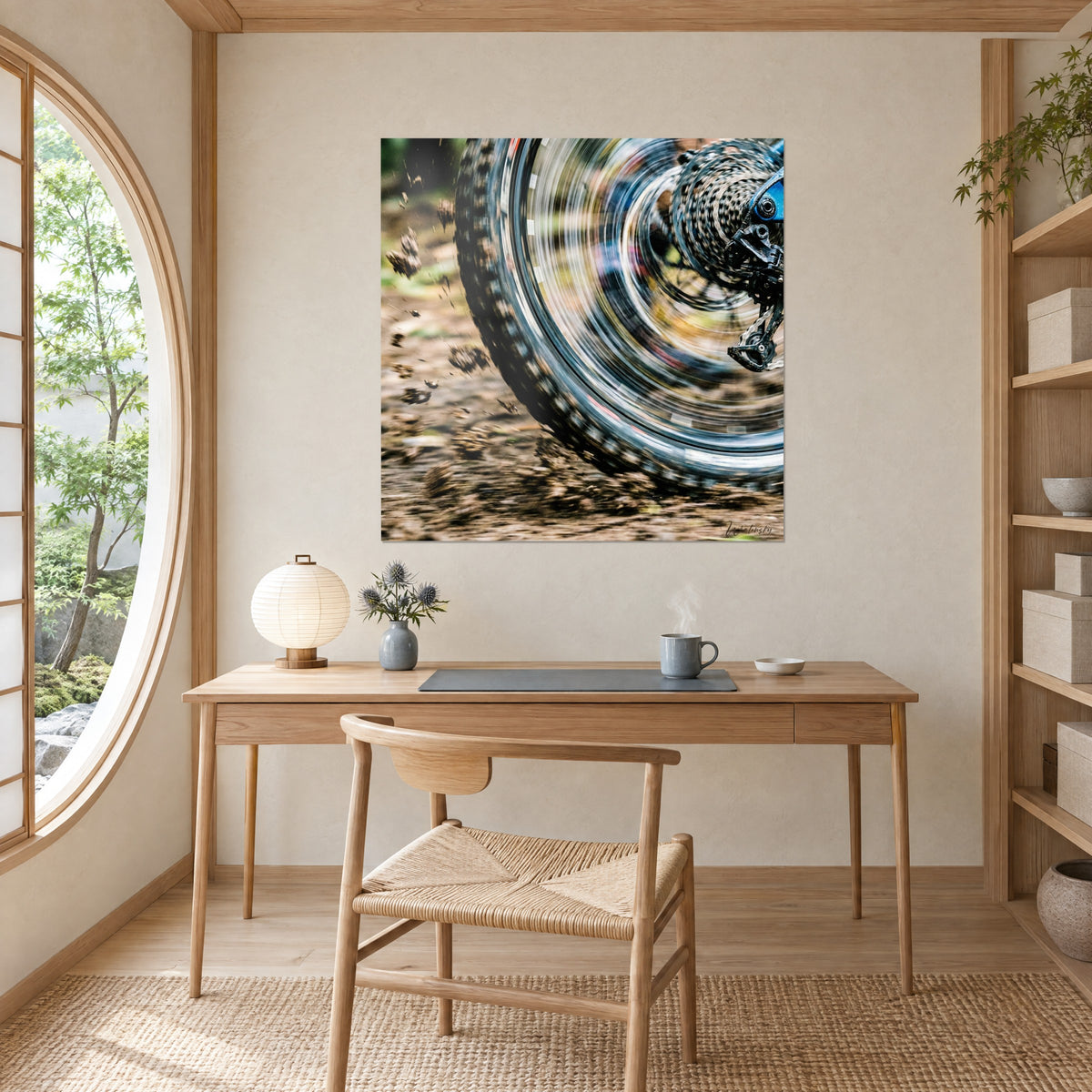 Wall art of a black cassette and derailleur on a downhill bike, a flying clump of brown earth, on the wall of a light wood office