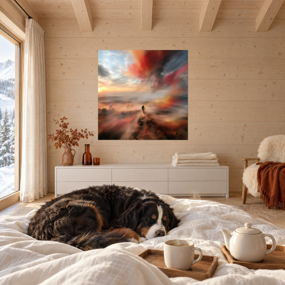 Wall art misty summit crossed by a dark rider, scarlet swirls and golden sand, above a bed in a light bedroom