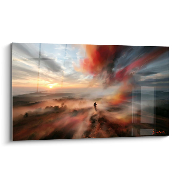 Tableau Vététiste sur crête embrasée orange bleu - Ascension flamboyante - Edition VTT
