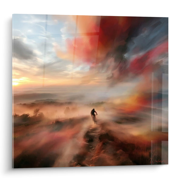 Solitary Cyclist Painting on Misty Ridge - Solitary Ascent - Mountain Bike Edition