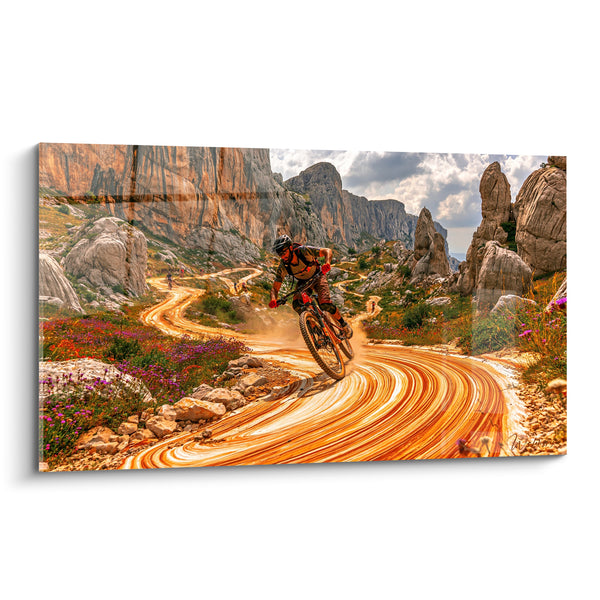 Tableau Cycliste dévalant un sentier ocre et gris - Vertige de la descente - Edition VTT