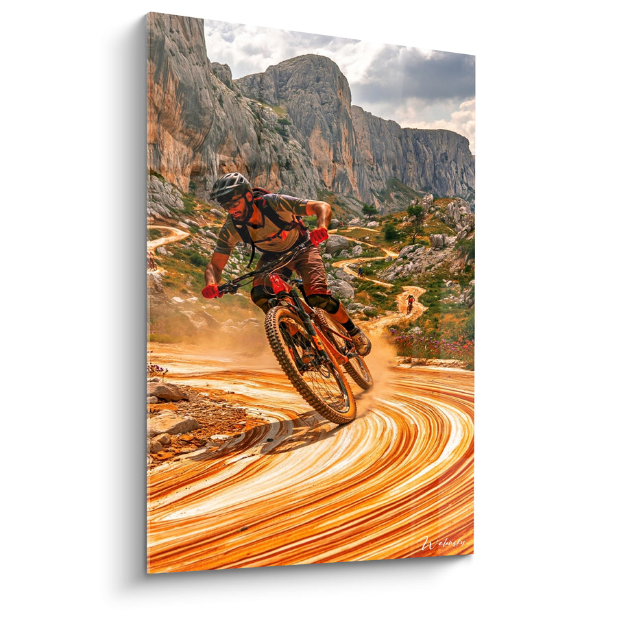 Tableau Cycliste roux sur tourbillon doré et blanc - Route en lacets - Edition VTT