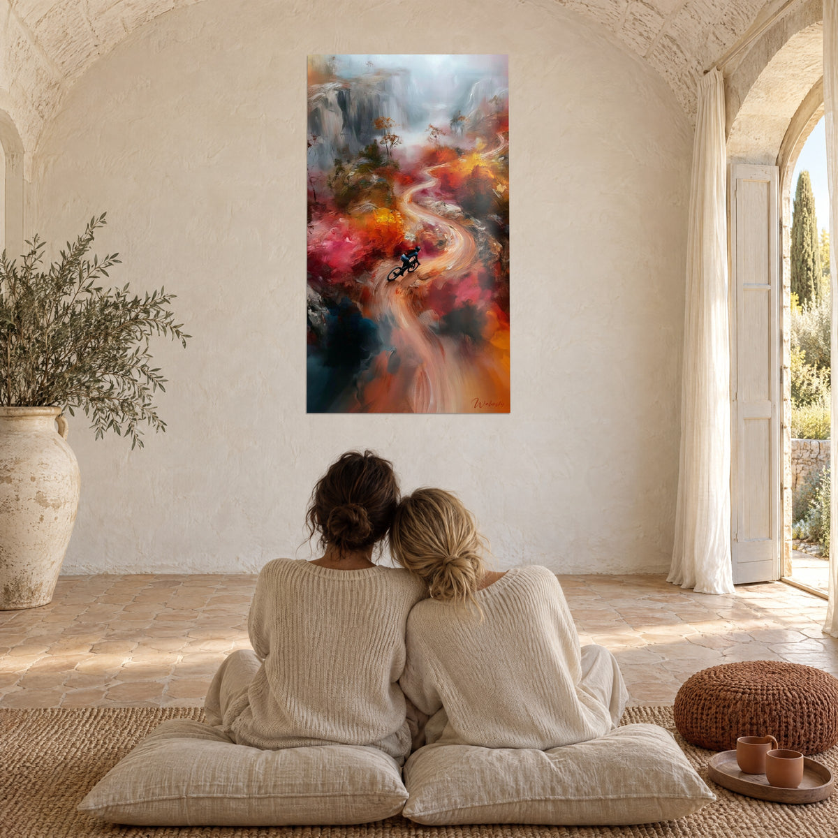 Tableau paysage d'automne traversé par un VTT, brouillard bleuté et érables orangés, deux personnes de dos, mas provençal