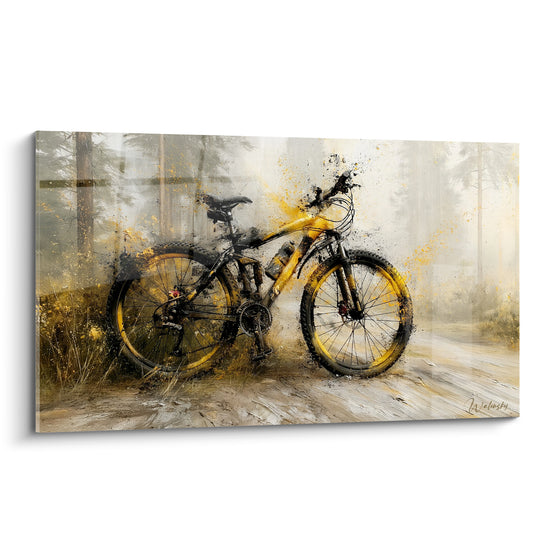 Tableau VTT jaune et noir sur chemin forestier - Halte forestière - Edition VTT