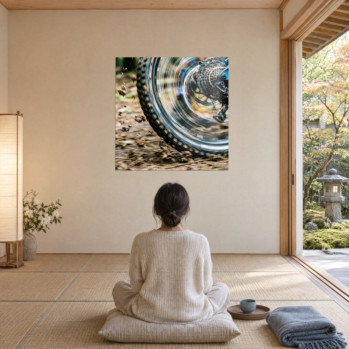 Wall art of a mountain bike racing down a muddy trail, vivid blue hub and beige dust, admired by a seated woman seen from behind