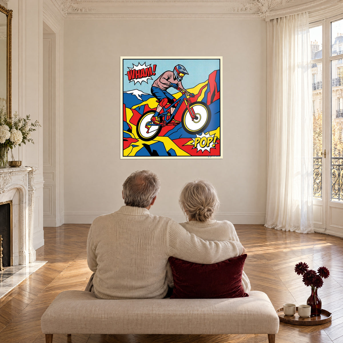 Cuadro de motorista de cumbres en bici, áreas planas rojas, azules y amarillas delineadas en negro, globo POP!, pareja de edad abrazada de espaldas en un banco crema
