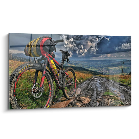 Tableau VTT rouge et noir sur chemin boueux - Halte avant l'orage - Edition VTT