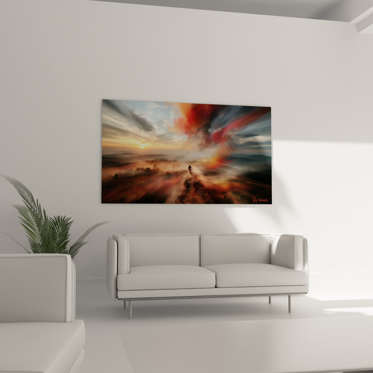 Silhouette de vététiste face à un ciel enflammé rouge et bleu ardoise, au-dessus d'un canapé dans un salon lumineux