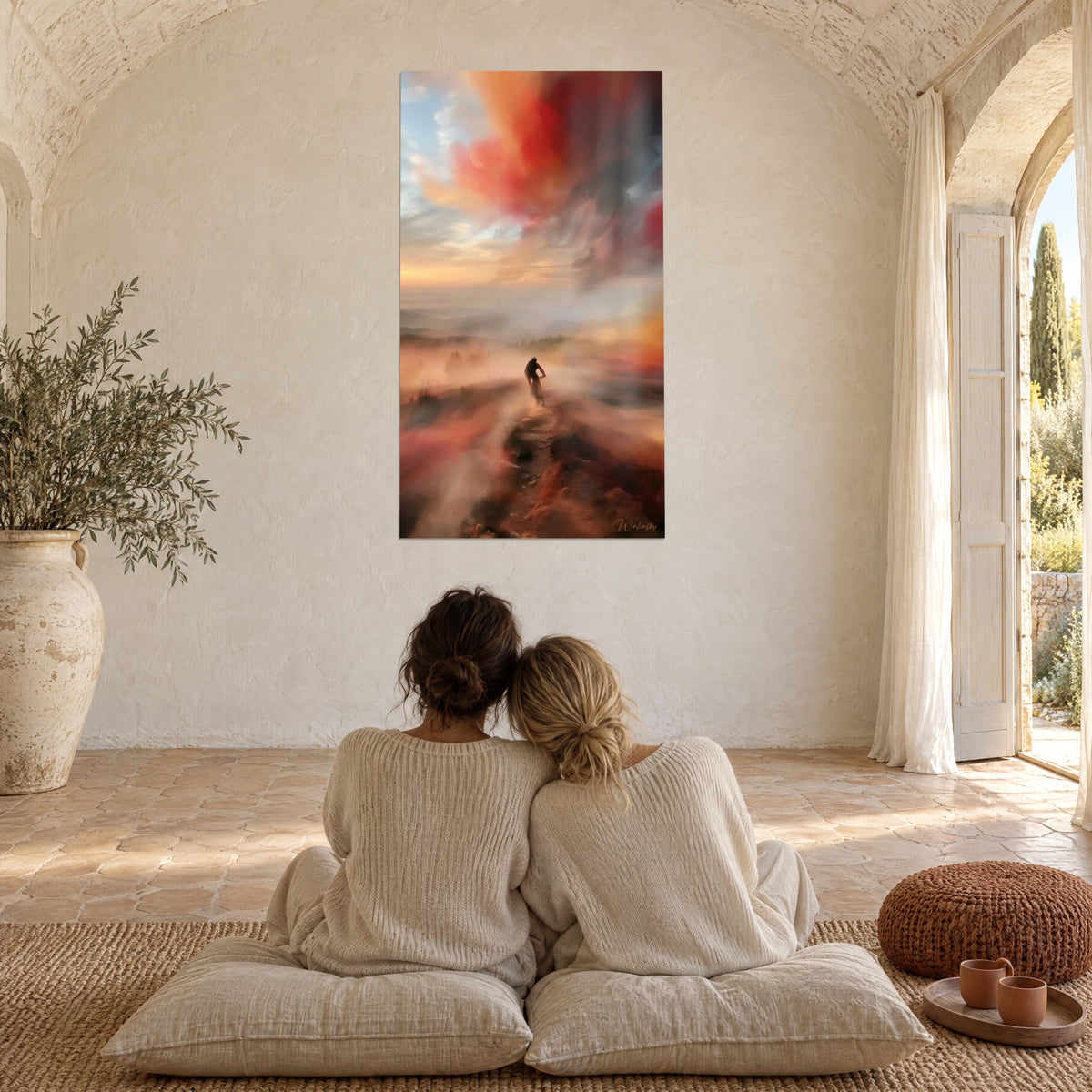 Tableau cycliste minuscule face à un immense ciel rouge feu et rose poudré, contemplé par deux personnes de dos, mas provençal